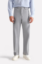 Mid grey straight fit cotton trouser, full styled look, by SOLA Pakistan.