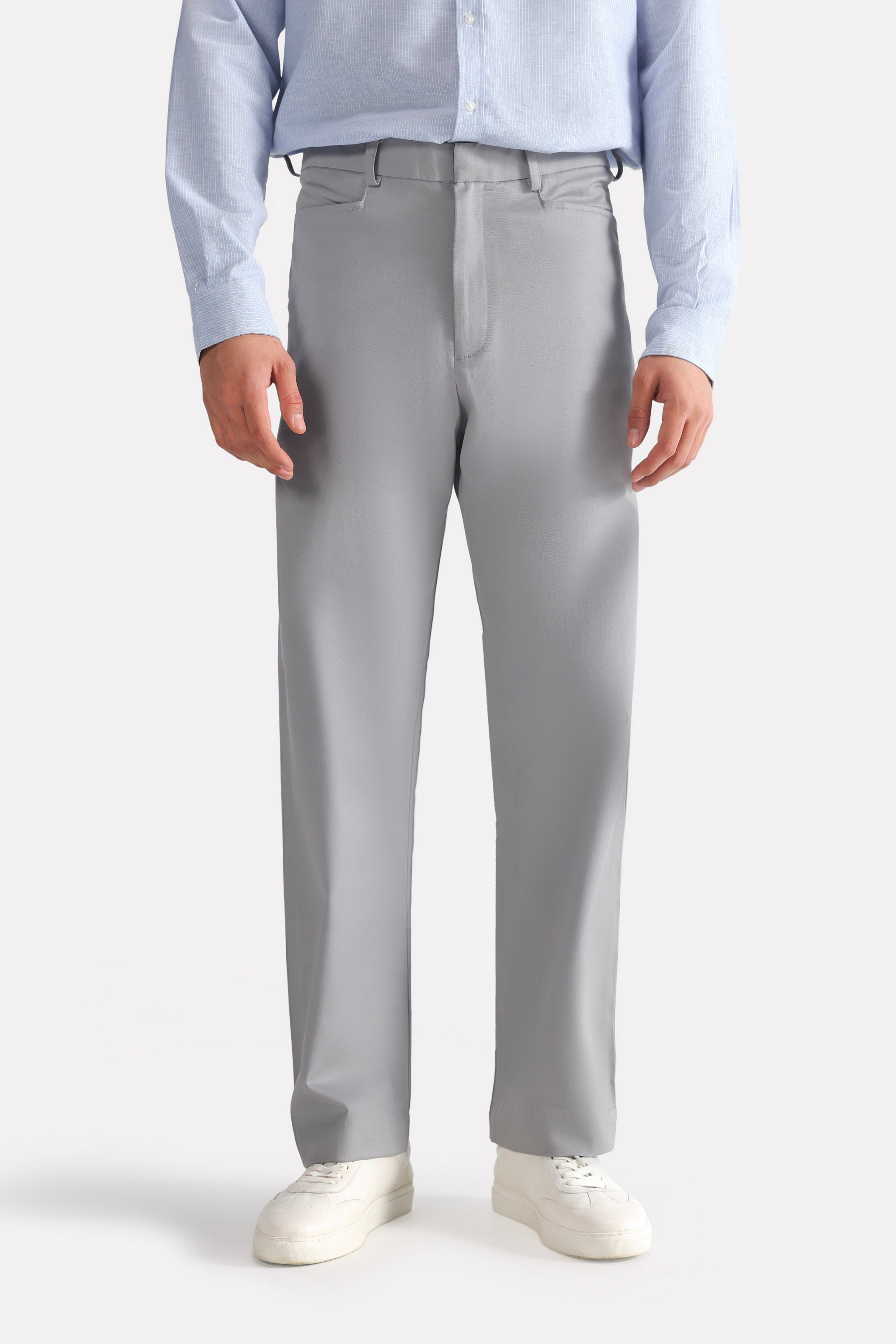 Mid grey straight fit cotton trouser, full styled look, by SOLA Pakistan.