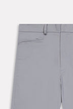 Texture and fabric detail, mid grey straight fit cotton trouser, by SOLA Pakistan.