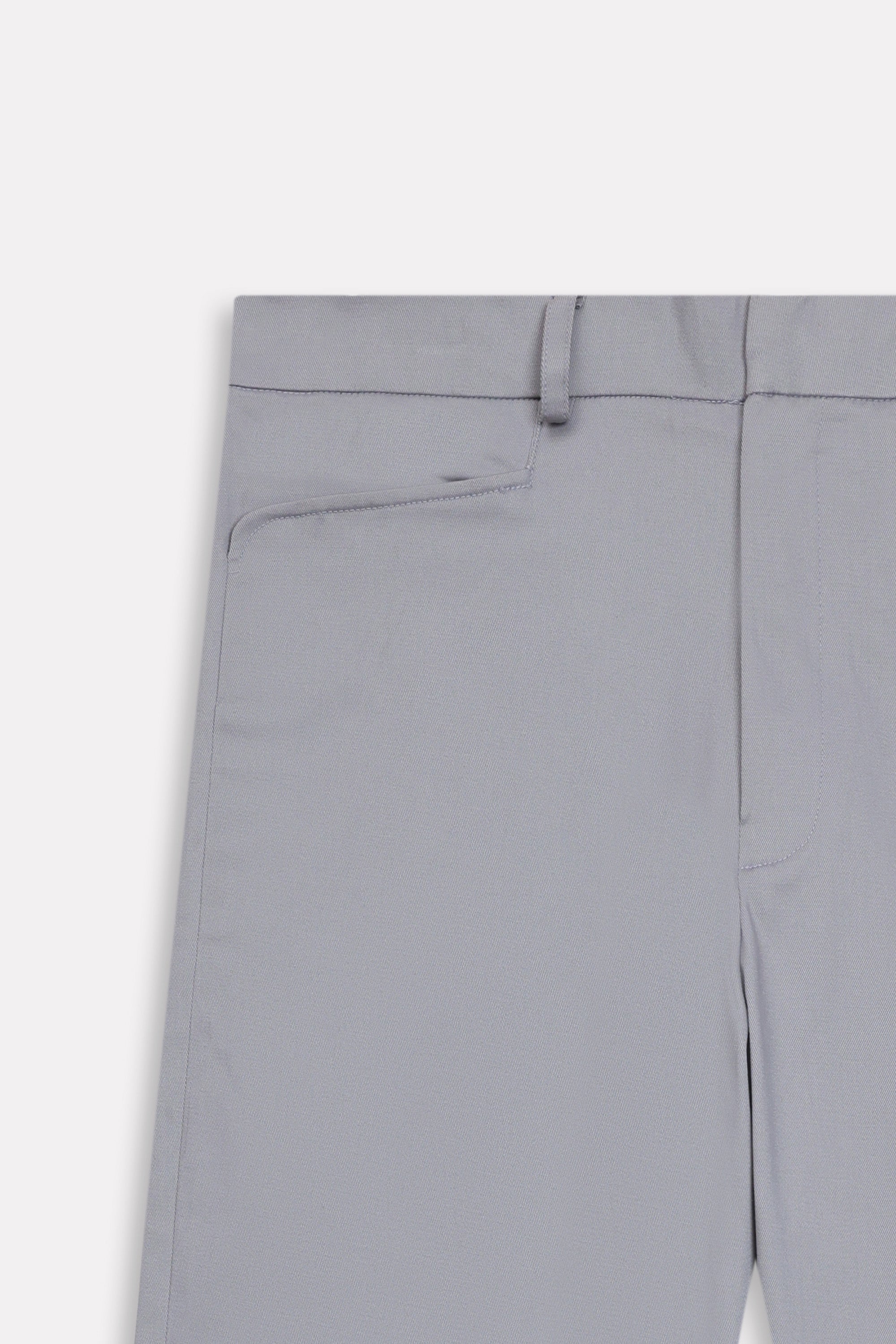 Texture and fabric detail, mid grey straight fit cotton trouser, by SOLA Pakistan.