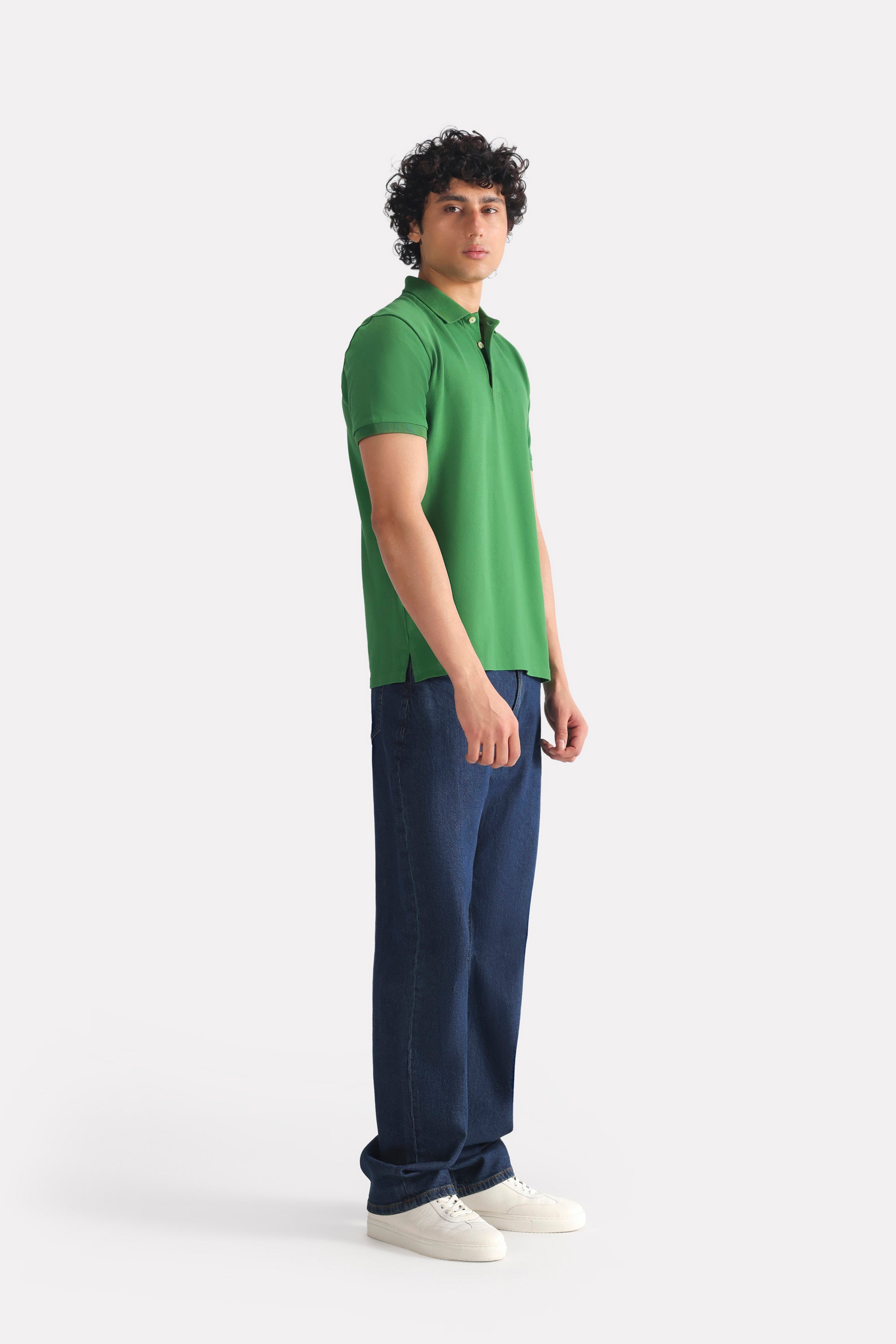 Moss green micro-textured cotton pique polo, full styled look, by SOLA Pakistan.