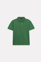 Texture and fabric detail, moss green micro-textured cotton pique polo, by SOLA Pakistan.