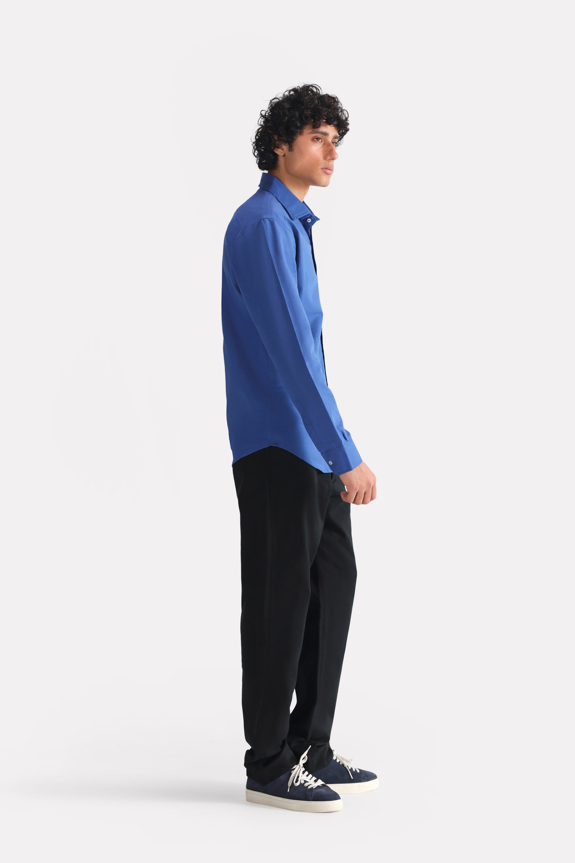 Navy blue relaxed cotline shirt, full styled look, by SOLA Pakistan.