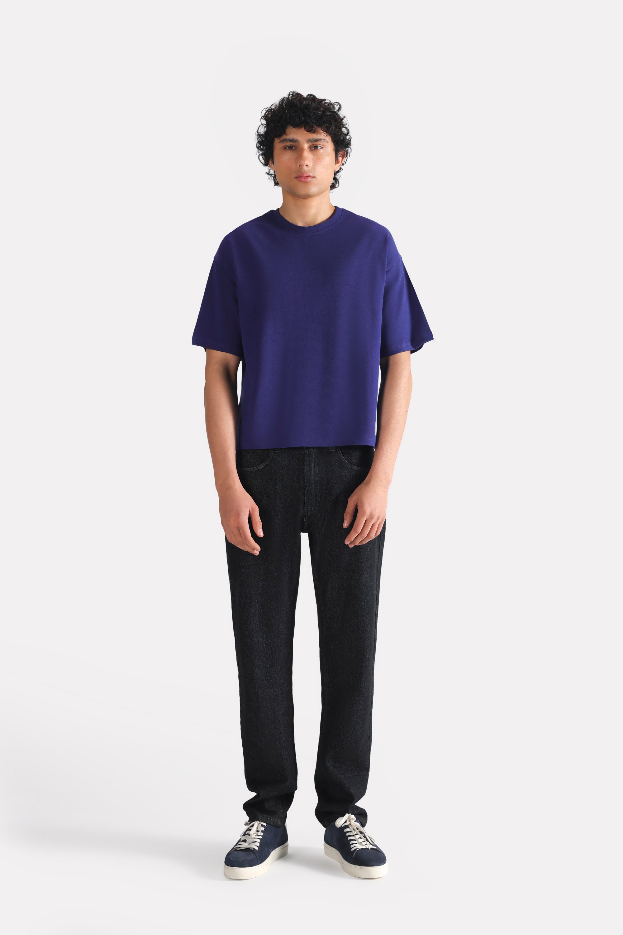 Navy drop shoulder cotton t-shirt, full styled look, by SOLA Pakistan.