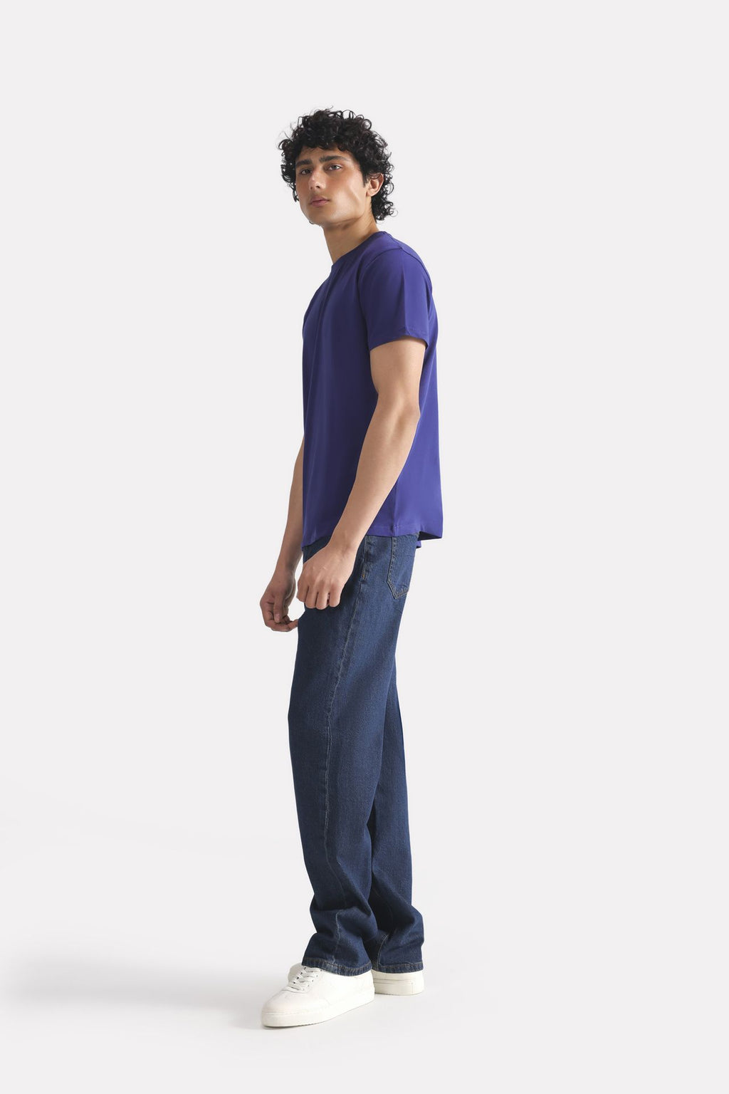 Navy regular fit crew neck t-shirt, full styled look, by SOLA Pakistan.