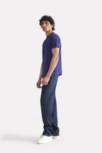 Navy regular fit crew neck t-shirt, full styled look, by SOLA Pakistan.