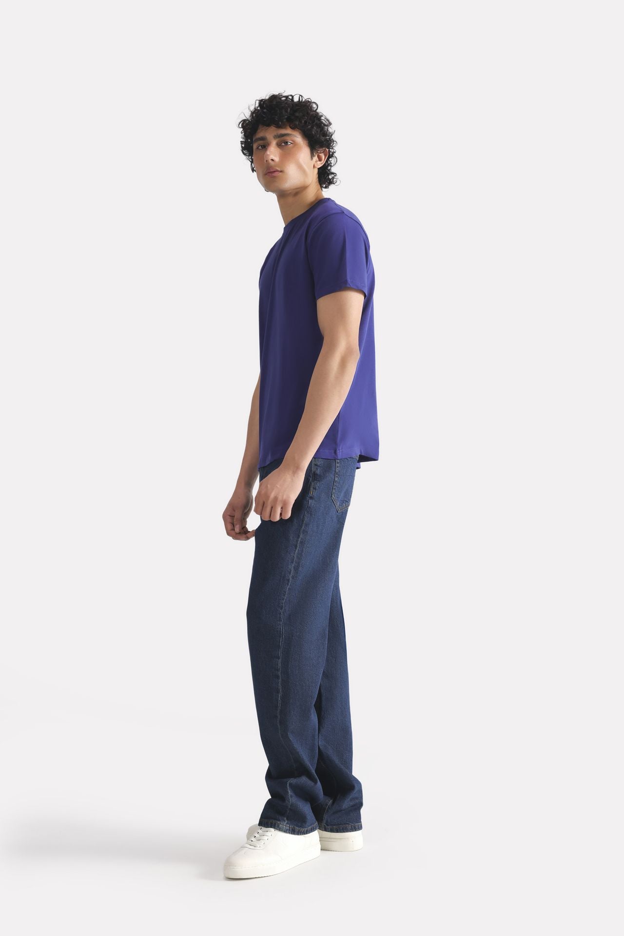 Navy regular fit crew neck t-shirt, full styled look, by SOLA Pakistan.