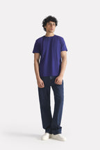 Navy regular fit crew neck t-shirt shown in a styled fit, by SOLA Pakistan.