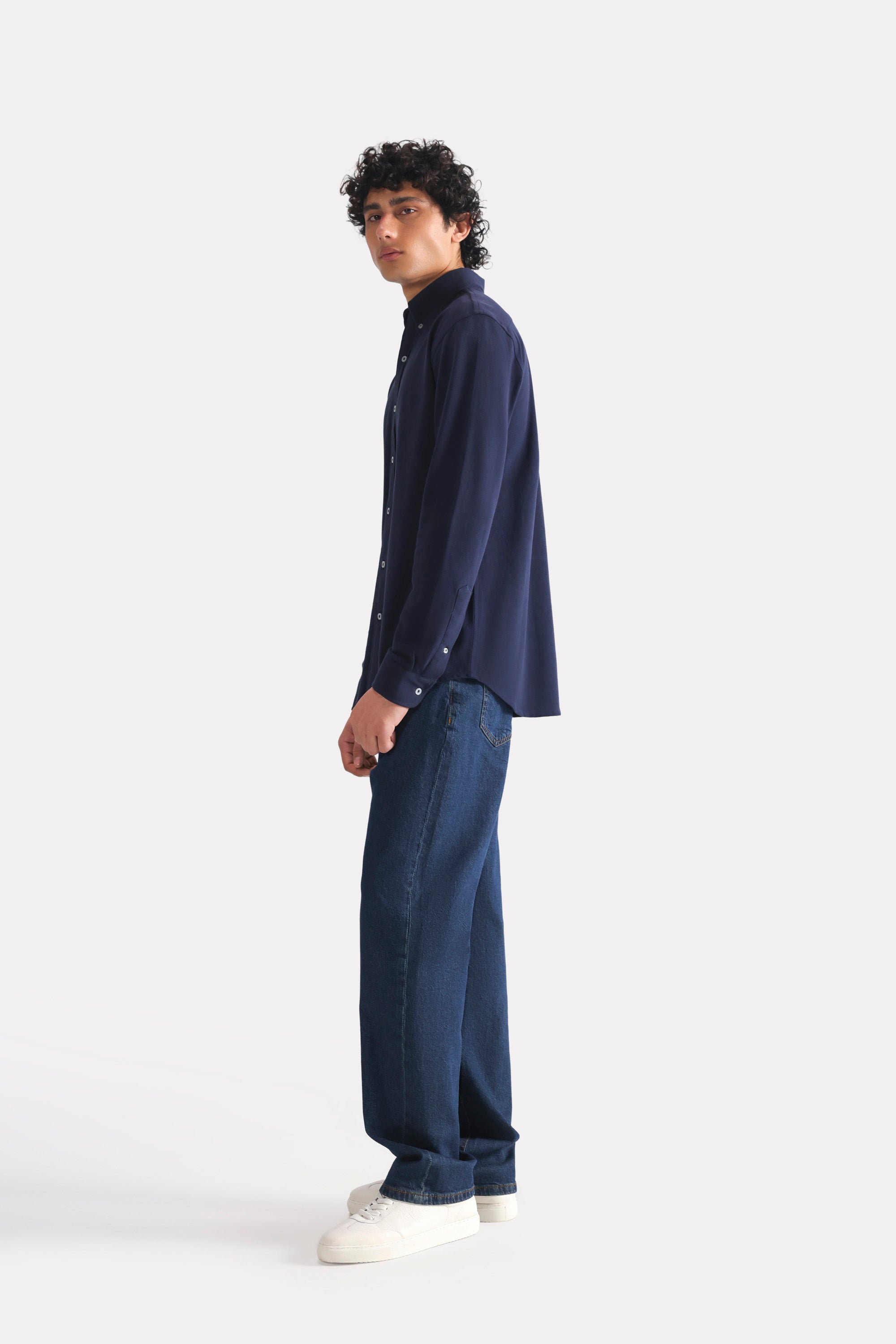 Navy regular fit pique shirt, full styled look, by SOLA Pakistan.