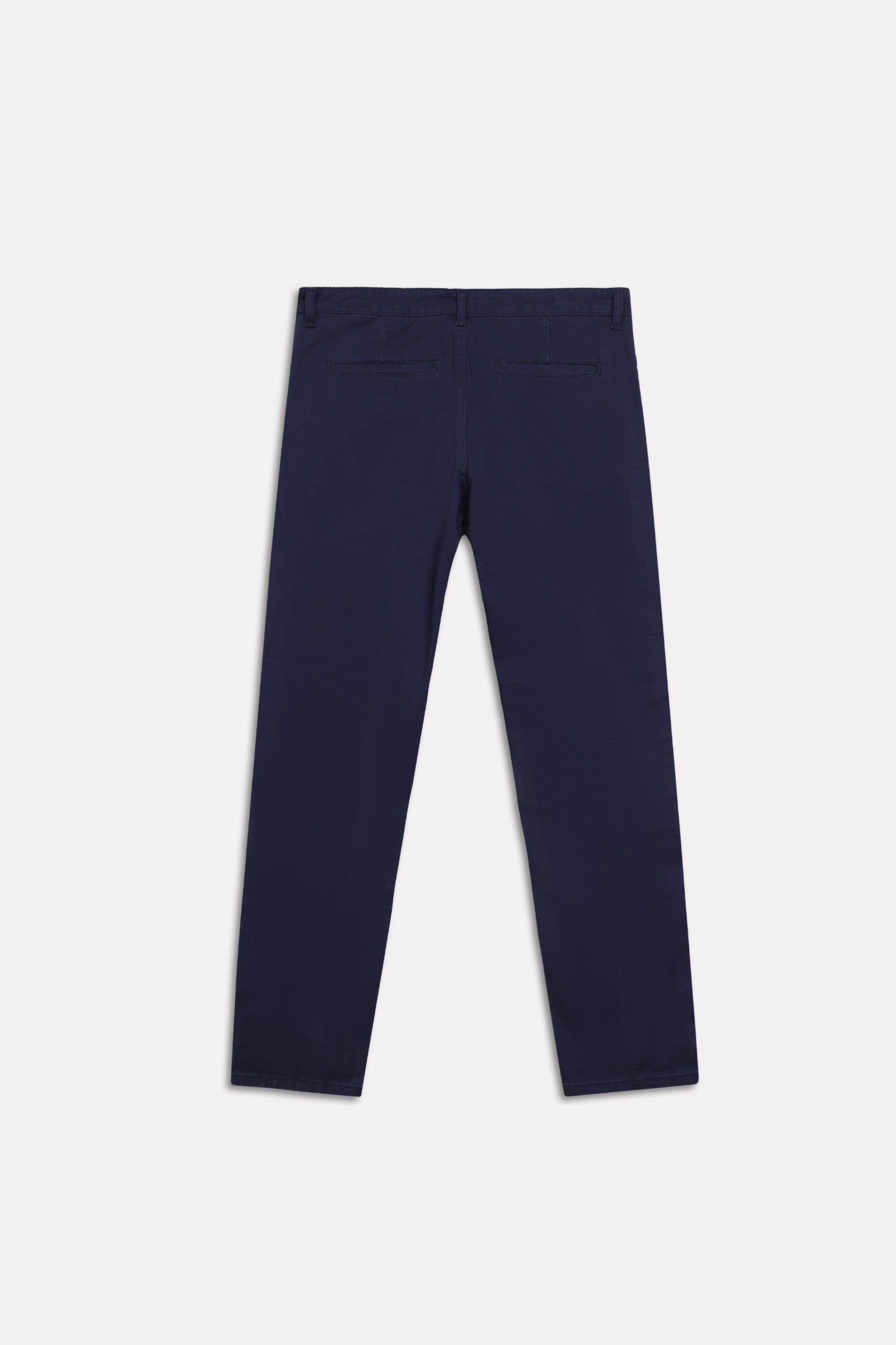 Flat lay of the navy satin straight-fit chino, by SOLA Pakistan.