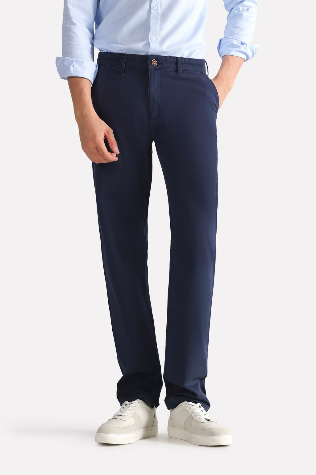 Navy satin straight-fit chino, full styled look, by SOLA Pakistan.