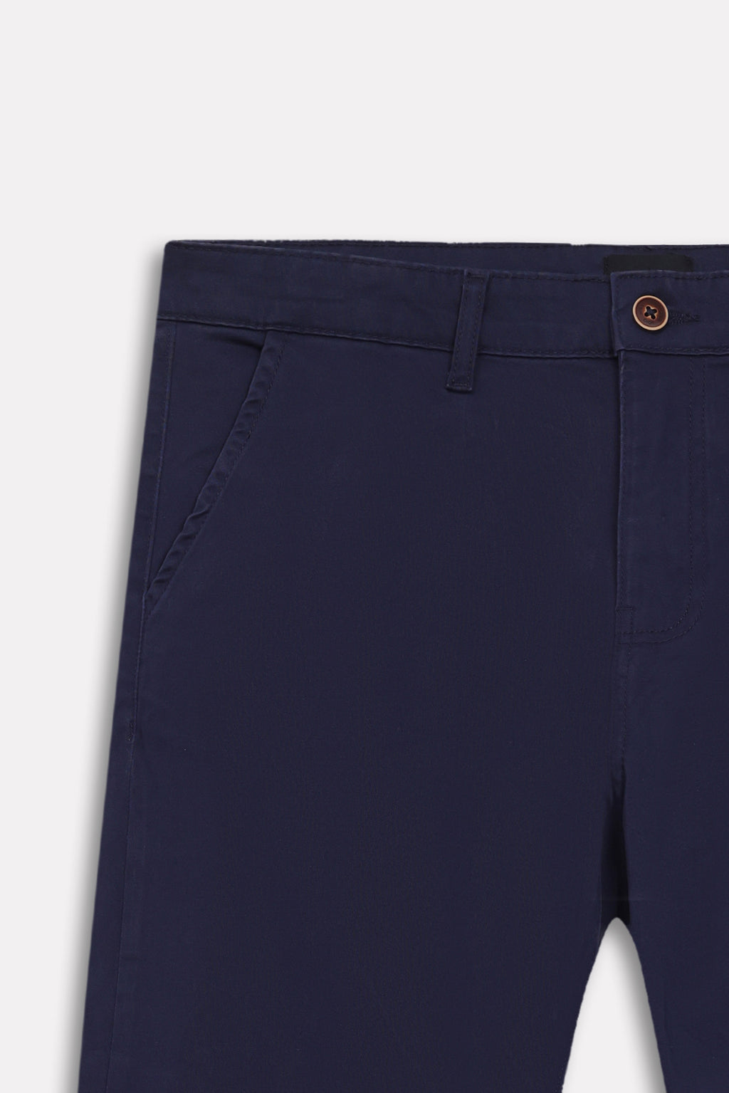 Texture and fabric detail, navy satin straight-fit chino, by SOLA Pakistan.