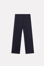 Flat lay of the navy straight fit cotton trouser, by SOLA Pakistan.