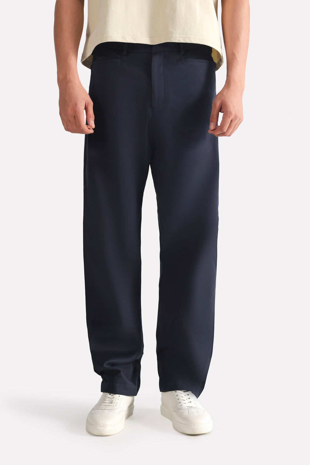 Navy straight fit cotton trouser, full styled look, by SOLA Pakistan.