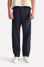 Navy straight fit cotton trouser, full styled look, by SOLA Pakistan.