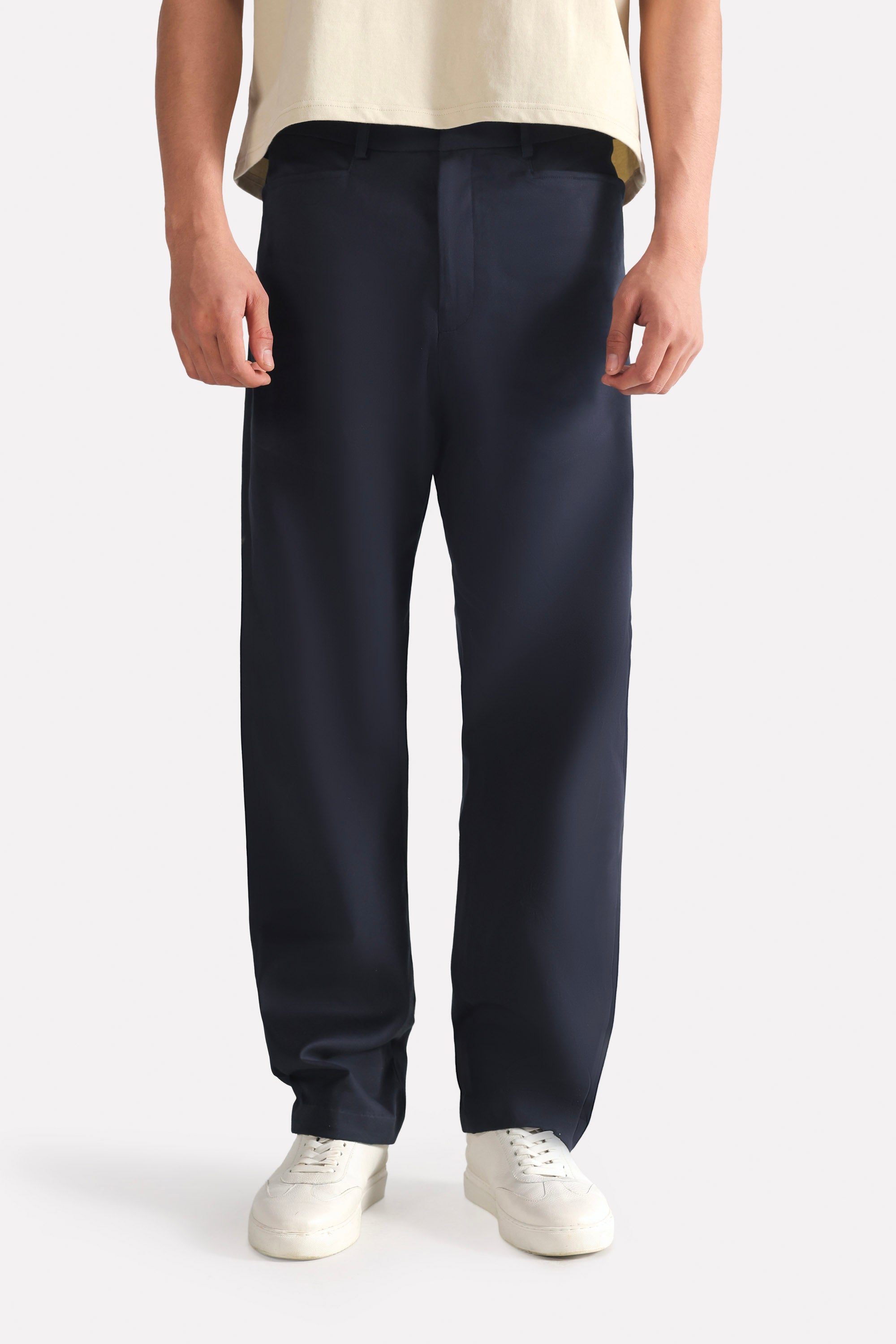 Navy straight fit cotton trouser, full styled look, by SOLA Pakistan.
