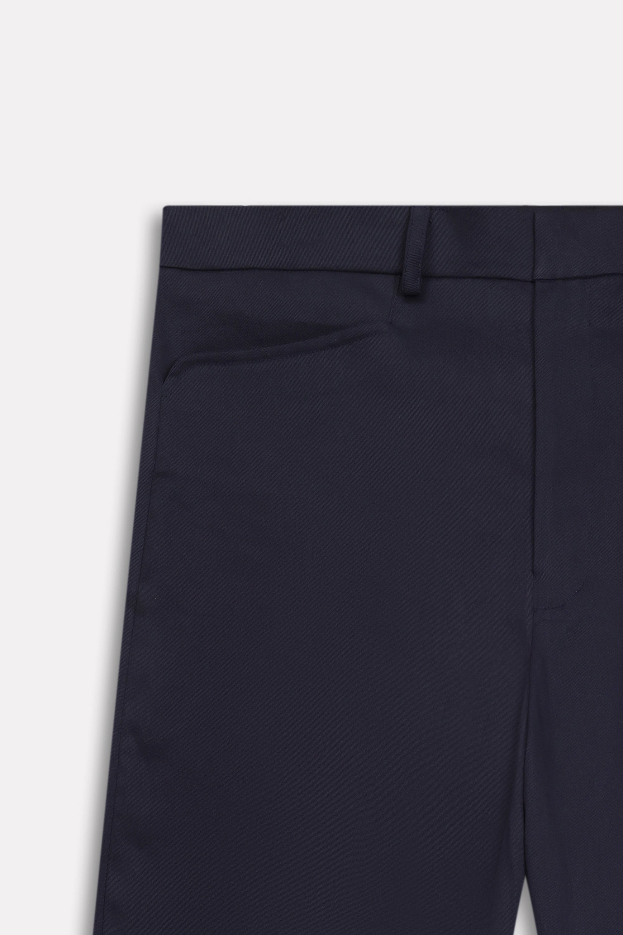 Texture and fabric detail, navy straight fit cotton trouser, by SOLA Pakistan.