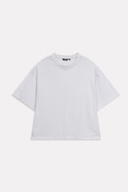 Off-white (cloud dancer) drop shoulder cotton t-shirt, alternate angle, by SOLA Pakistan.