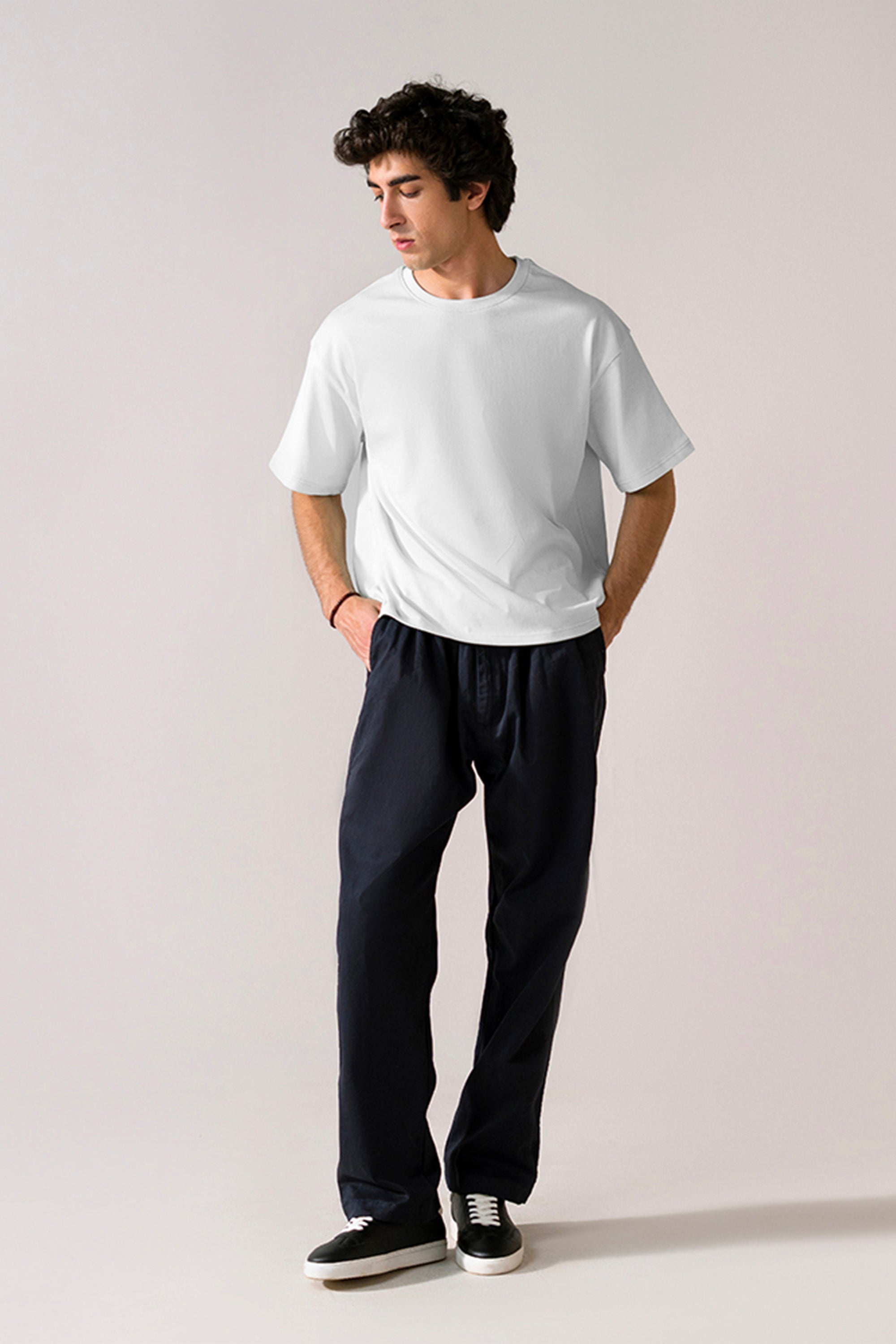 Off-white (cloud dancer) heavy weight cropped t-shirt, full styled look, by SOLA Pakistan.
