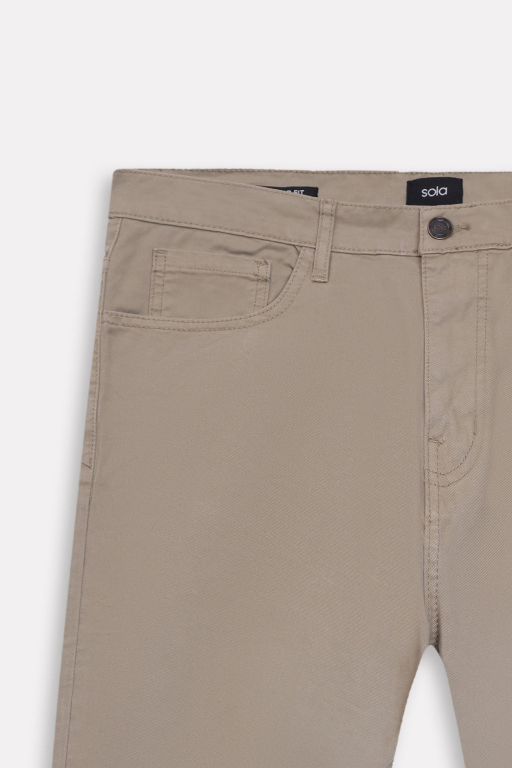 Texture and fabric detail, olive green (autumn green) garment-dyed casual trouser, by SOLA Pakistan.