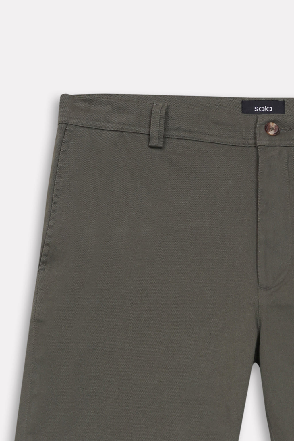 Olive relaxed fit cotton shorts, alternate angle, by SOLA Pakistan.