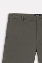 Olive relaxed fit cotton shorts, alternate angle, by SOLA Pakistan.