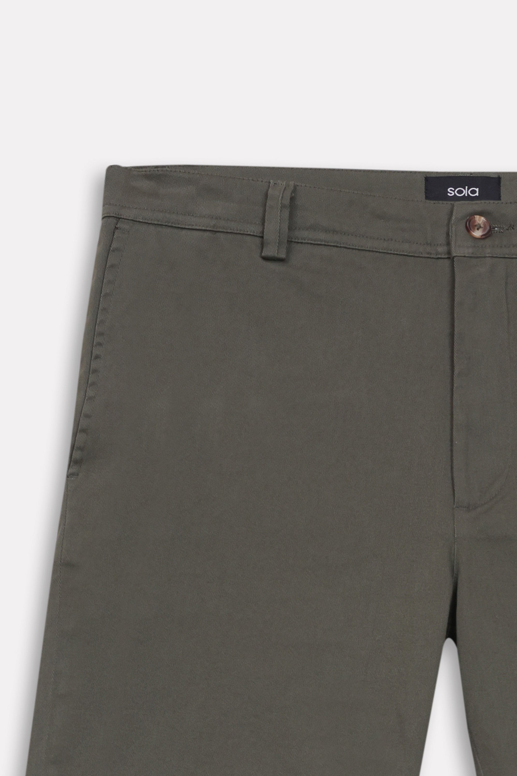 Olive relaxed fit cotton shorts, alternate angle, by SOLA Pakistan.