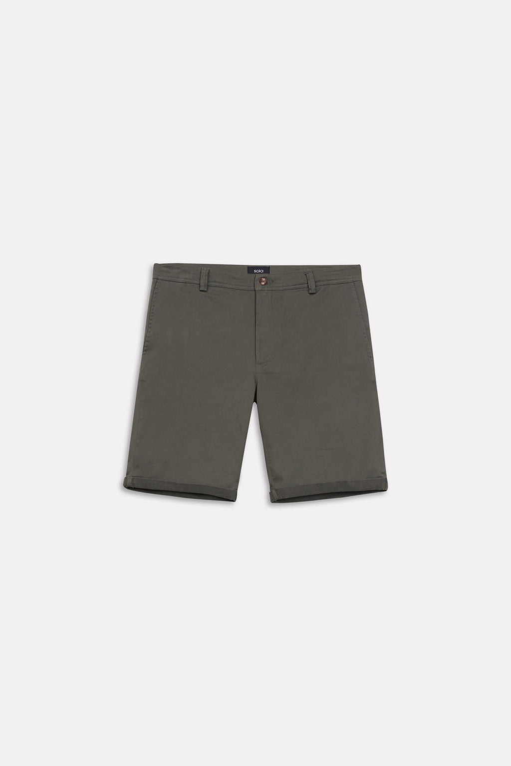 Flat lay of the olive relaxed fit cotton shorts, by SOLA Pakistan.