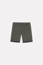 Flat lay of the olive relaxed fit cotton shorts, by SOLA Pakistan.