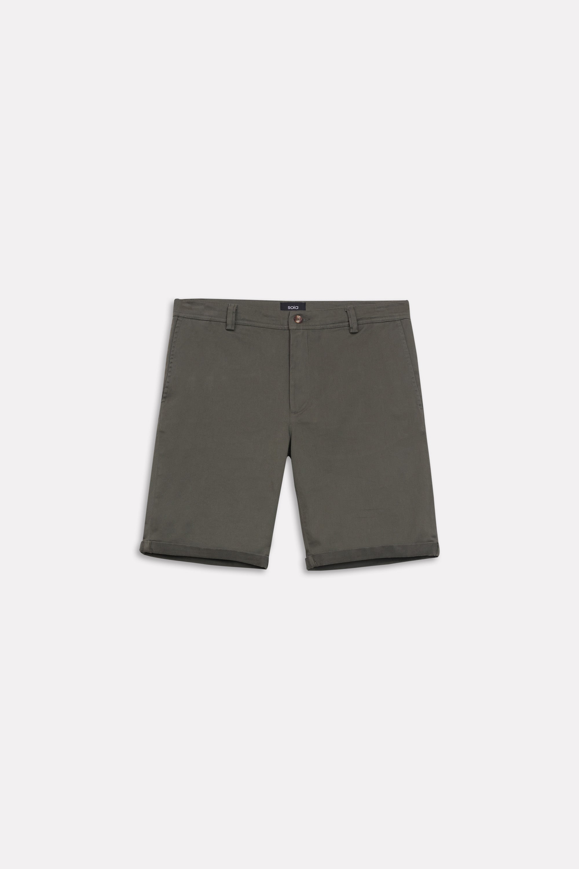 Flat lay of the olive relaxed fit cotton shorts, by SOLA Pakistan.