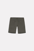 Olive relaxed fit cotton shorts shown in a styled fit, by SOLA Pakistan.