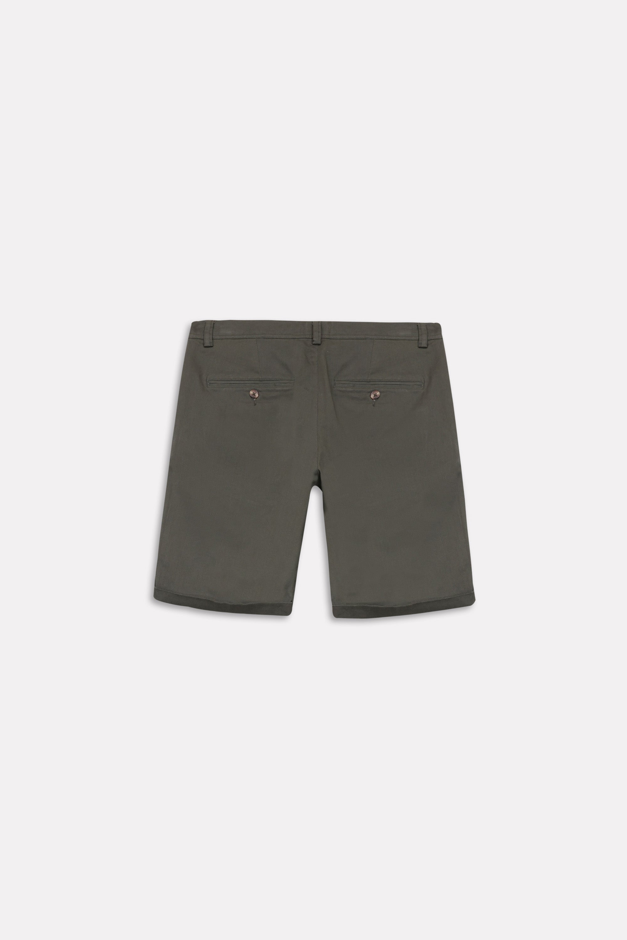 Olive relaxed fit cotton shorts shown in a styled fit, by SOLA Pakistan.