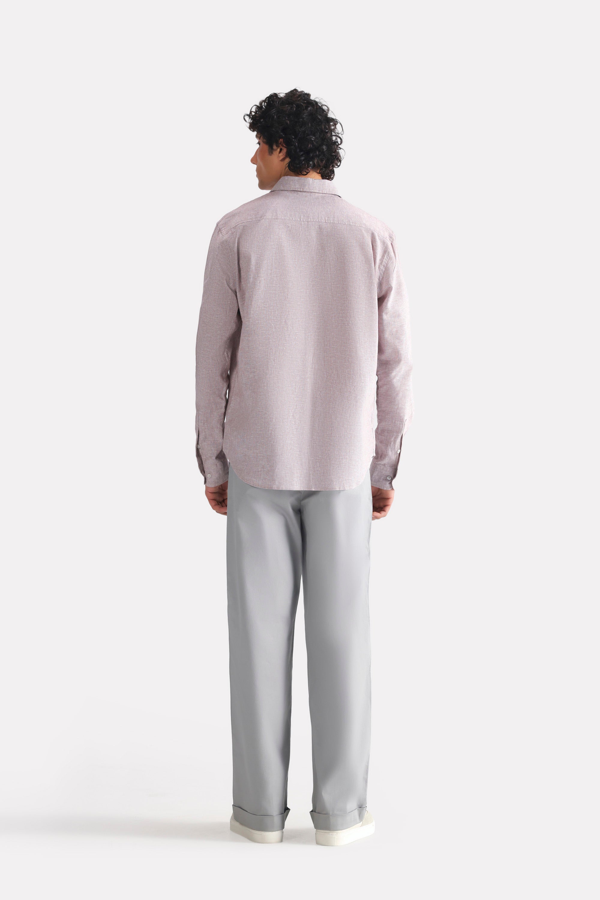 Red cherry stripe relaxed fit striped shirt, alternate angle, by SOLA Pakistan.