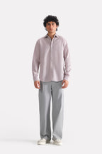 Close-up detail on the red cherry stripe relaxed fit striped shirt, by SOLA Pakistan.