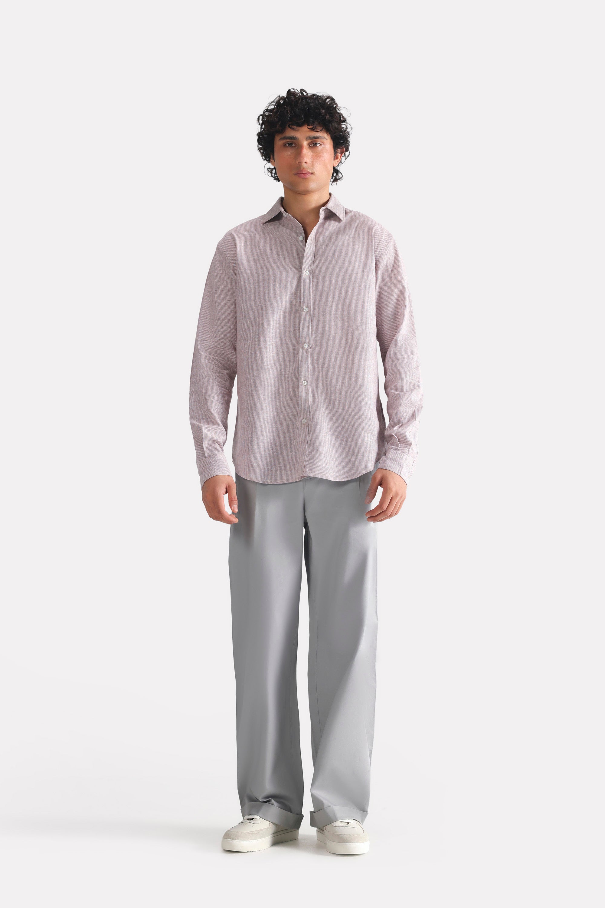 Close-up detail on the red cherry stripe relaxed fit striped shirt, by SOLA Pakistan.