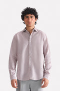 Red cherry stripe relaxed fit striped shirt in cotton-linen blend, worn by a model, by SOLA Pakistan.