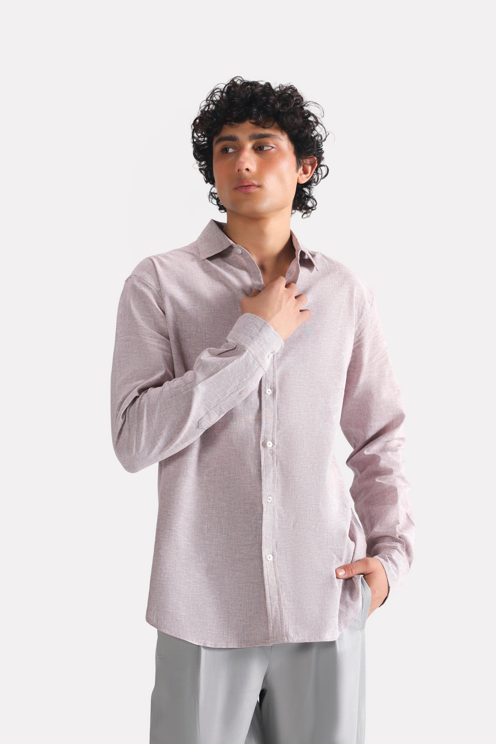 Red cherry stripe relaxed fit striped shirt shown in a styled fit, by SOLA Pakistan.
