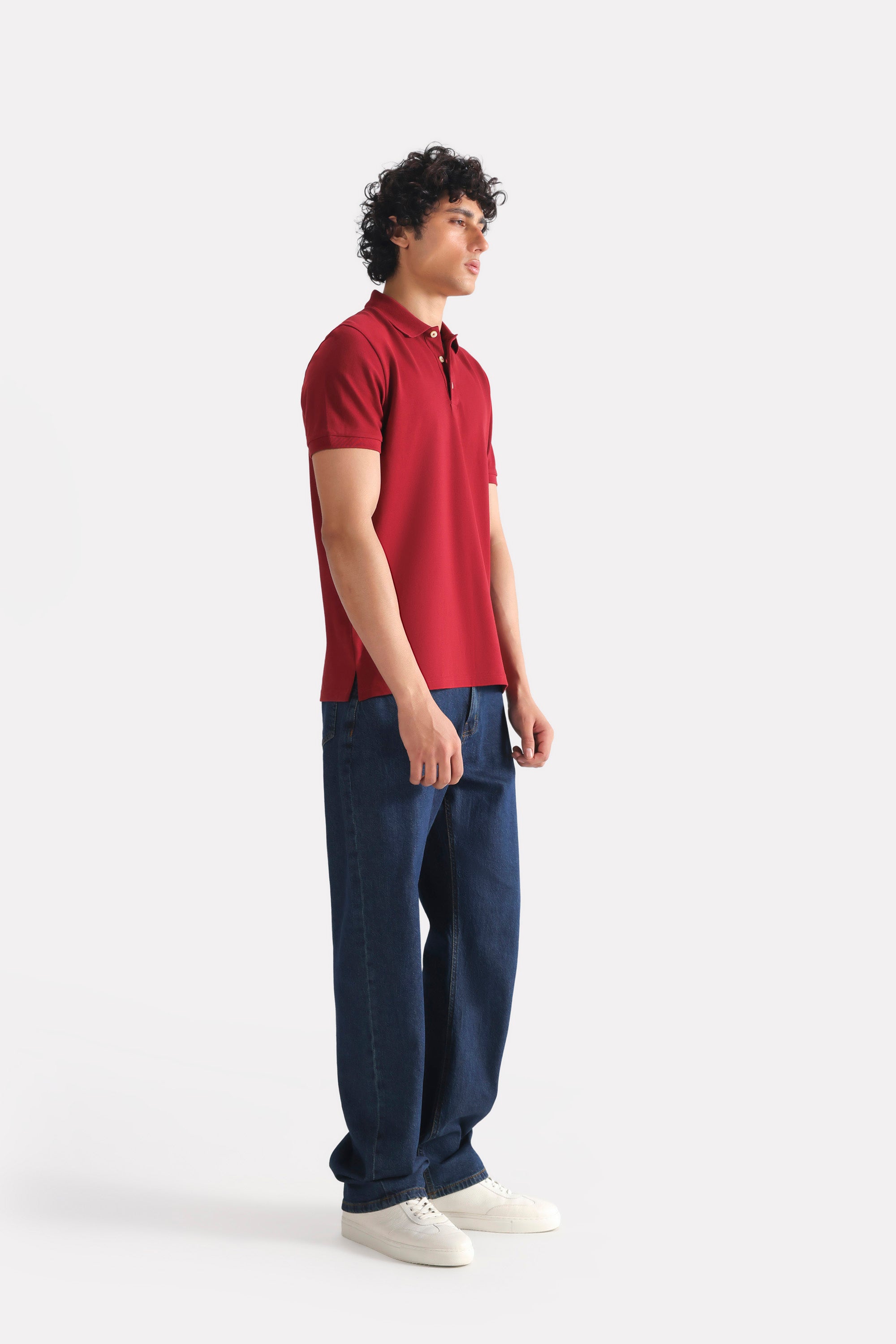 Red (red riding hood) micro-textured cotton pique polo, full styled look, by SOLA Pakistan.