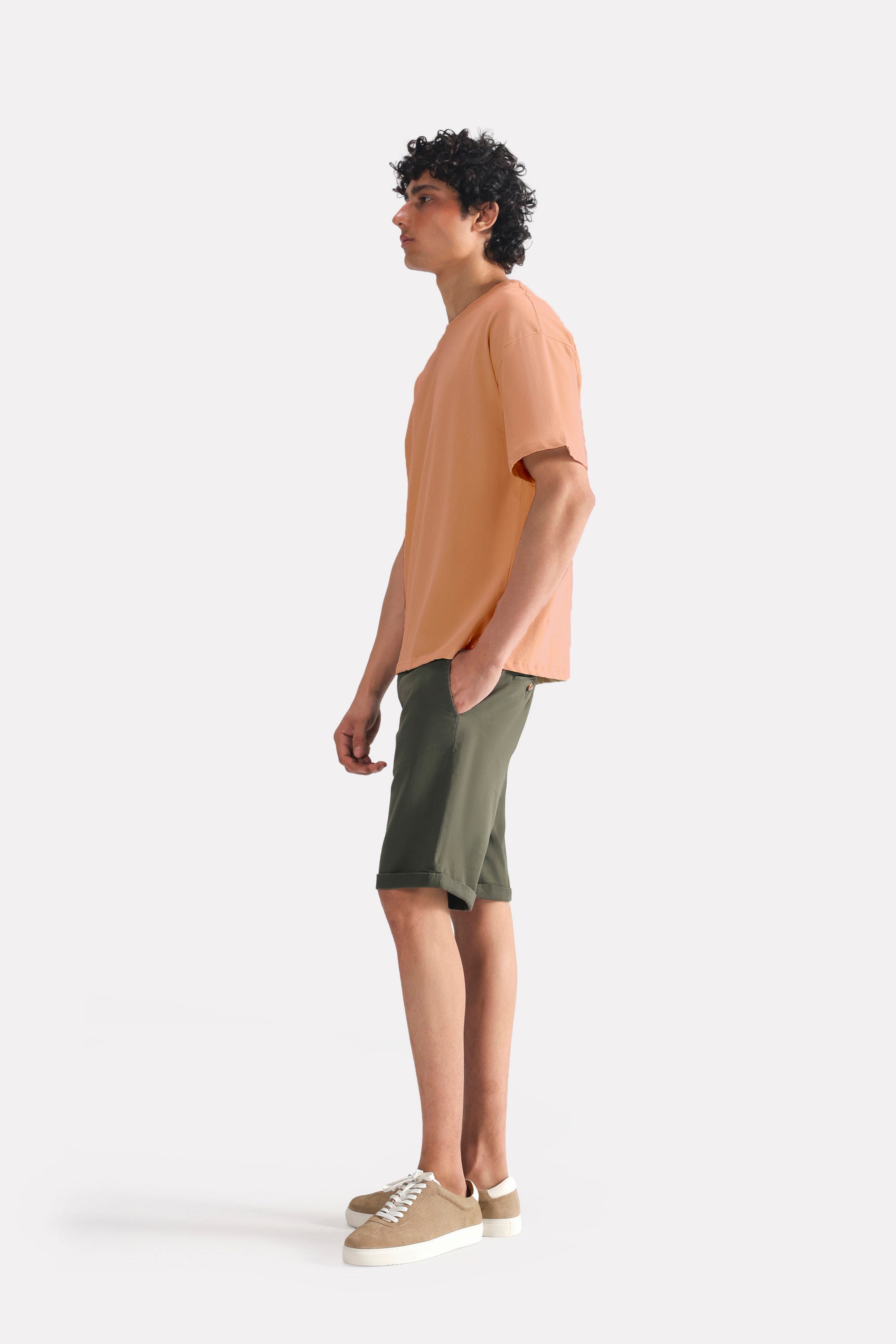 Terracotta (clay) drop shoulder cotton t-shirt, full styled look, by SOLA Pakistan.