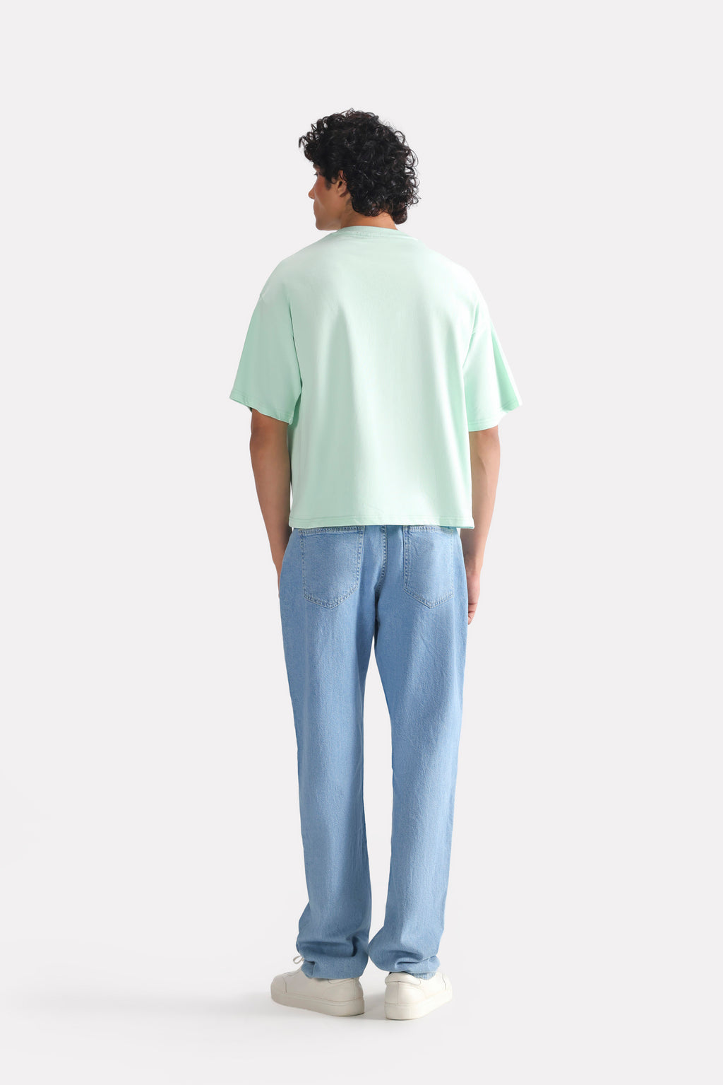 Turquoise (tourquies) drop shoulder cotton t-shirt, alternate angle, by SOLA Pakistan.