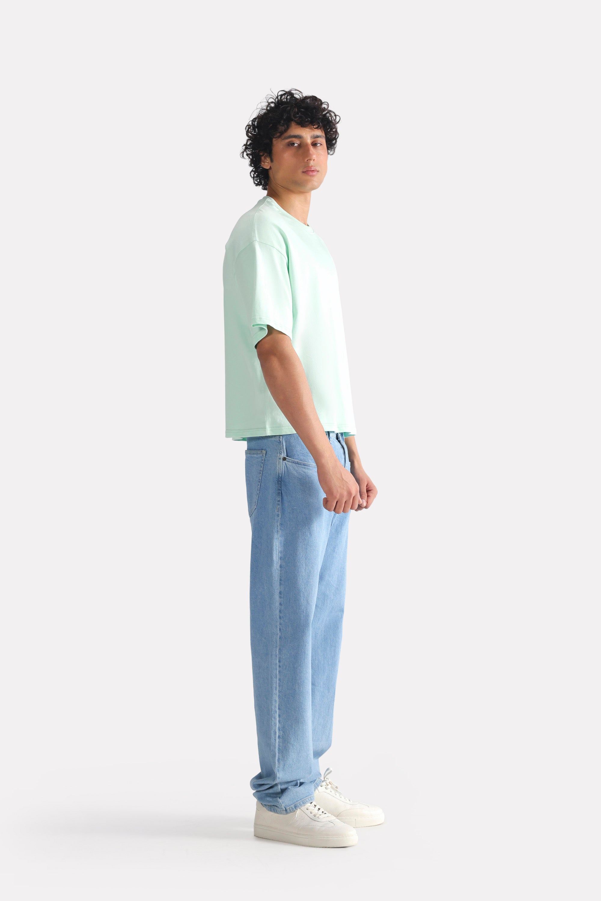 Turquoise (tourquies) drop shoulder cotton t-shirt, full styled look, by SOLA Pakistan.