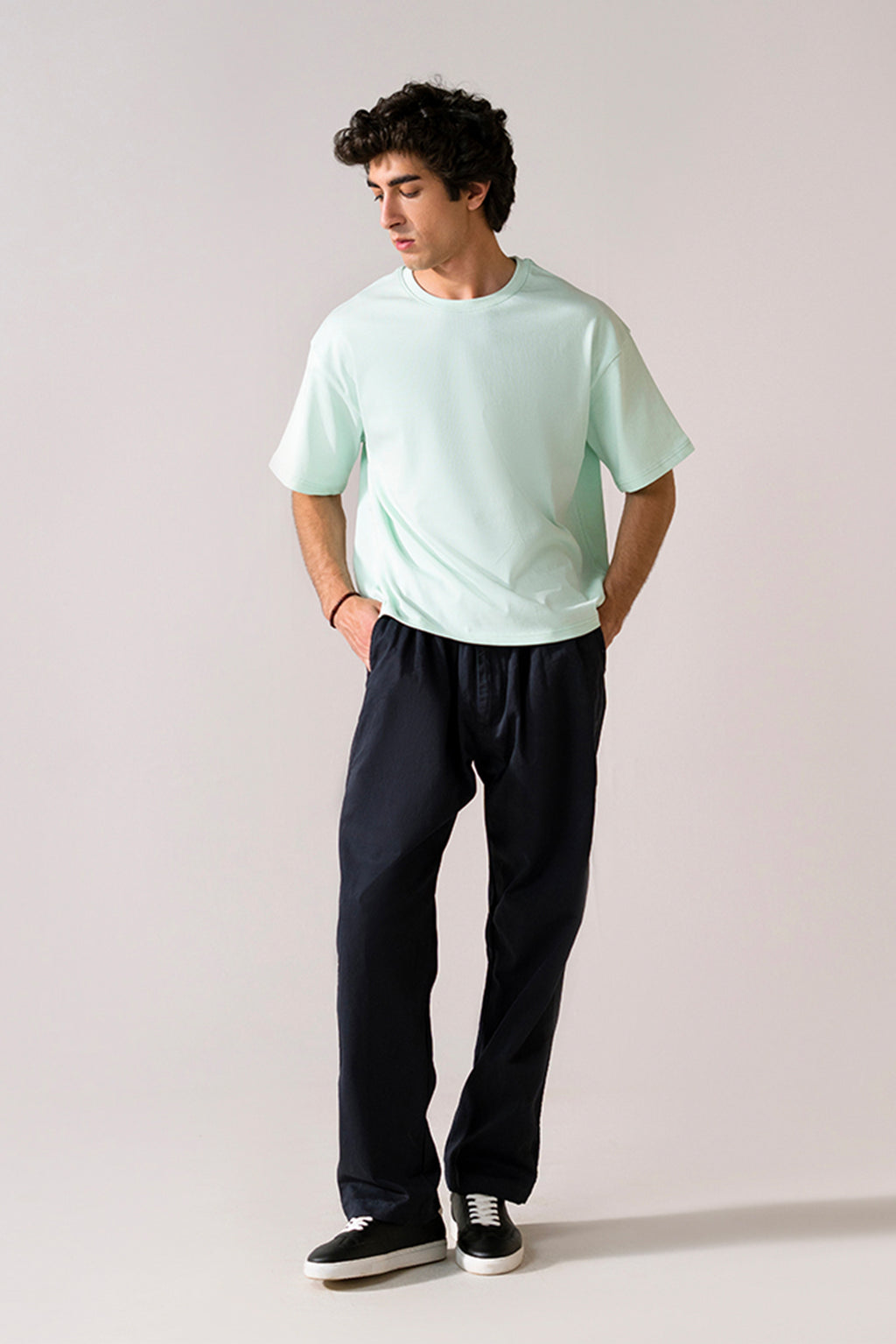 Turquoise (tourquies) heavy weight cropped t-shirt, full styled look, by SOLA Pakistan.