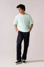 Turquoise (tourquies) heavy weight cropped t-shirt, full styled look, by SOLA Pakistan.