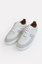 White classic leather trainer, full styled look, by SOLA Pakistan.