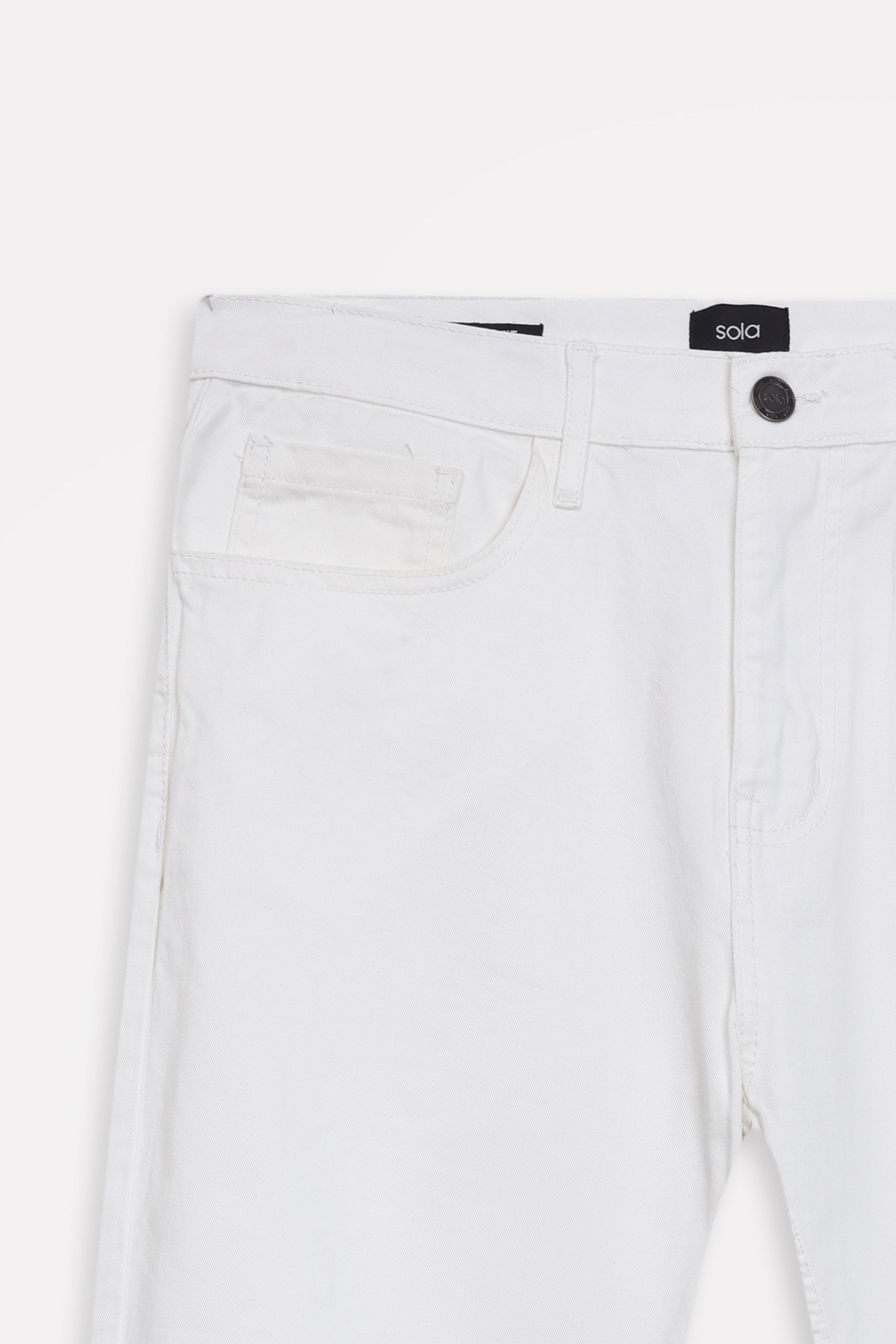 White garment-dyed casual trouser, alternate angle, by SOLA Pakistan.