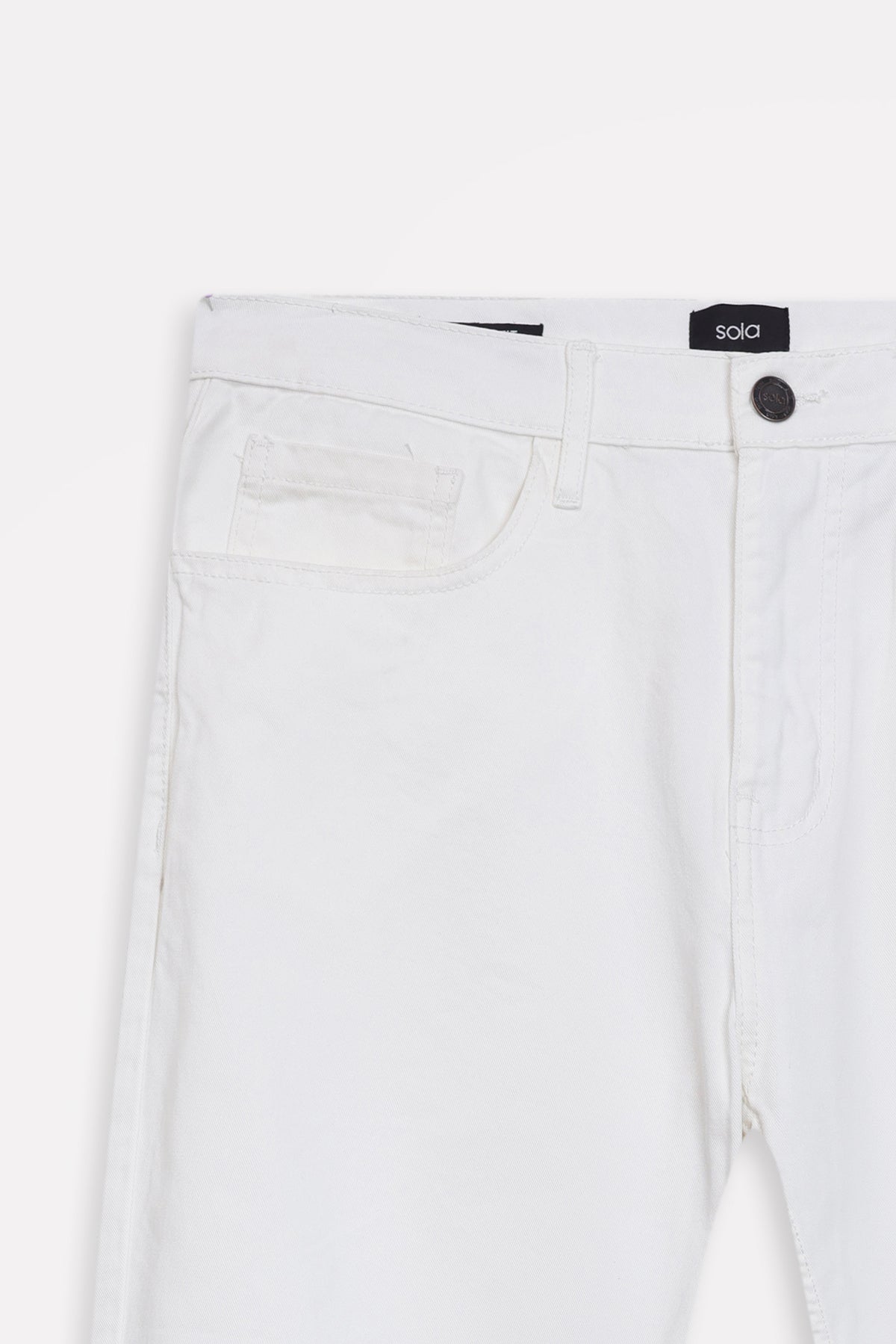 White garment-dyed casual trouser, alternate angle, by SOLA Pakistan.