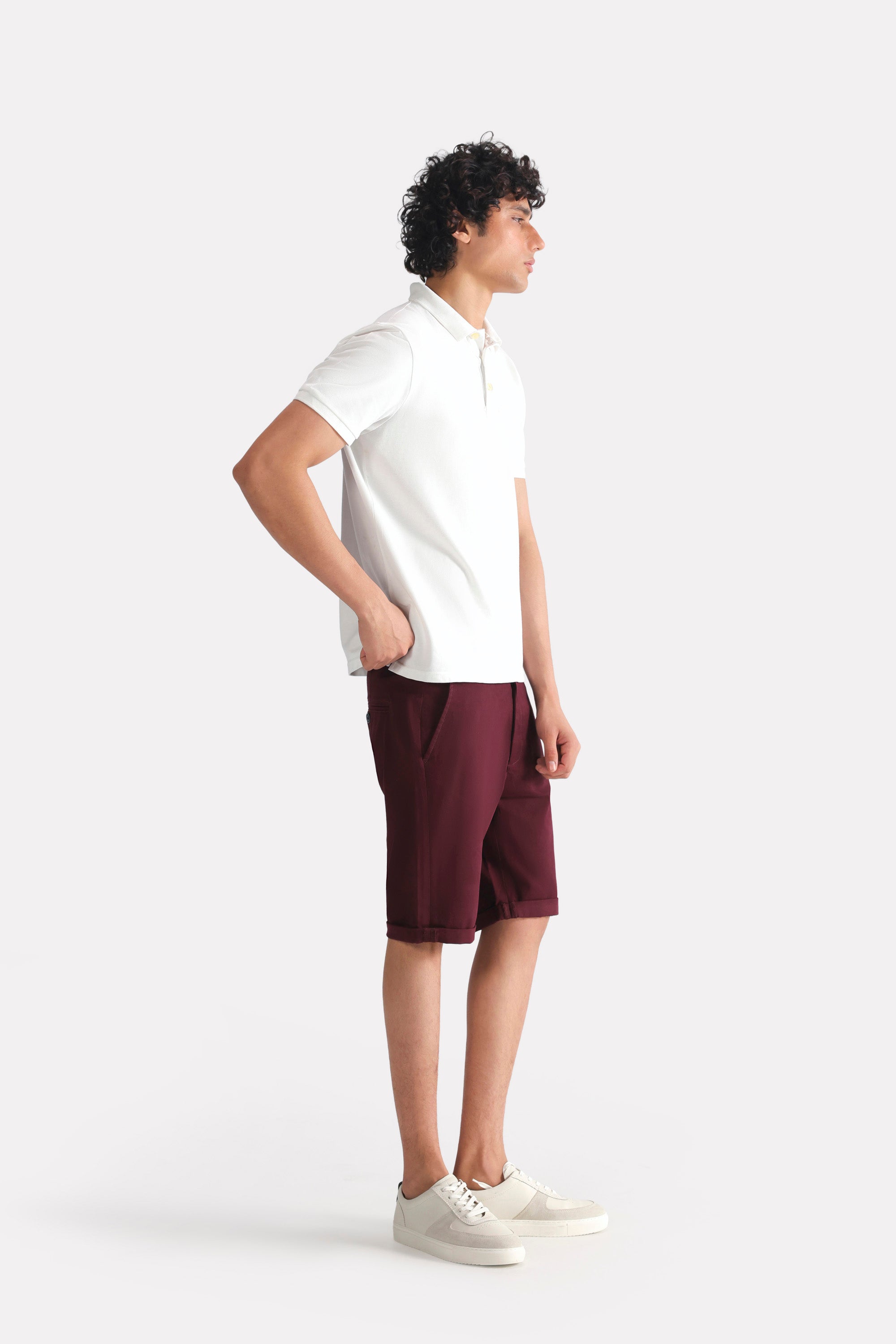 White micro-textured cotton pique polo, full styled look, by SOLA Pakistan.