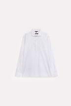 Texture and fabric detail, white pop over half-placket shirt, by SOLA Pakistan.