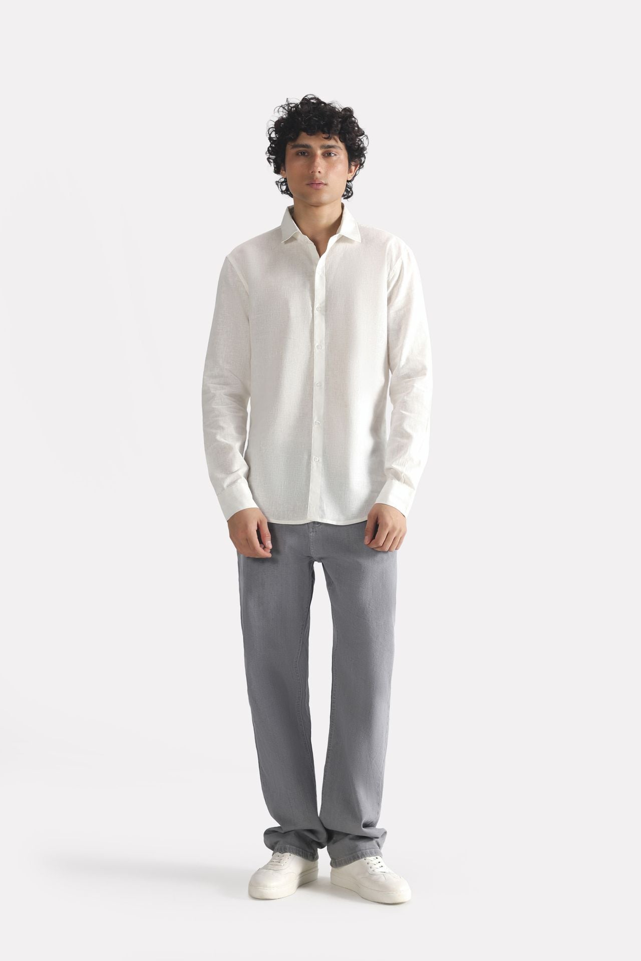 Close-up detail on the white premium cotline shirt, by SOLA Pakistan.