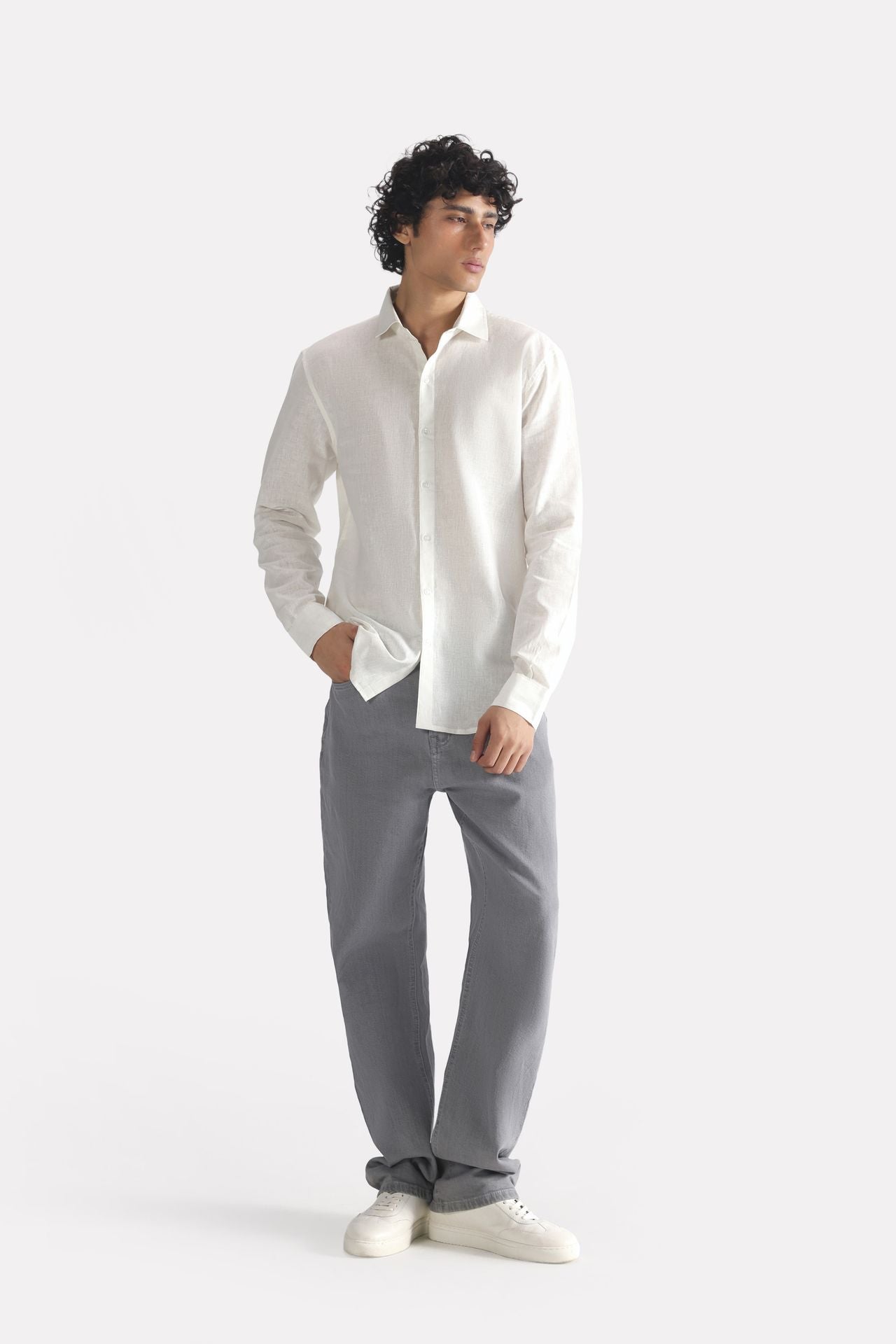 White premium cotline shirt, full styled look, by SOLA Pakistan.